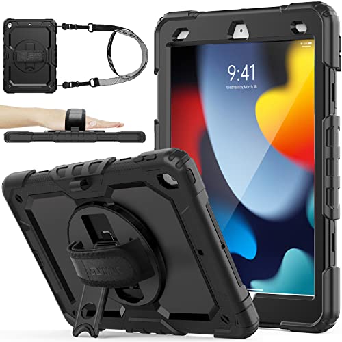 iPad 9th/ 8th/ 7th Generation Case 10.2, Shockproof Case with Screen Protector Pencil Holder [360 Rotating Hand Strap] &Stand, Case for iPad 10.2 inch 2021/2020/2019 (Black)