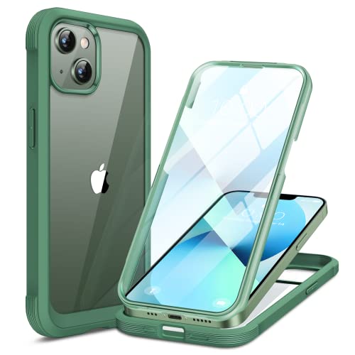 Compatible with iPhone 13 case 6.1 inch, 2022 New Full-Body Glass Clear Case Bumper Case with Built-in 9H Tempered Glass Screen Protector for iPhone 13, Acacia Green