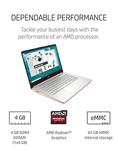 '- 14-fq0030nr 14 Laptop, AMD 3020e, 4 GB RAM, 64 GB eMMC Storage, 14-inch HD Display, Windows 10 Home in S Mode, Long Battery Life, Microsoft 365, (14-fq0030nr, 2020) Pale Rose Gold