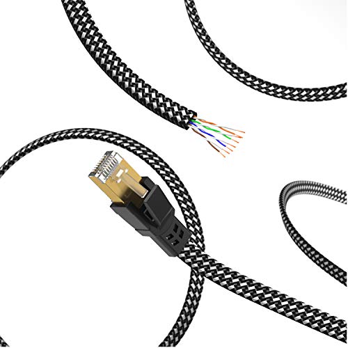 Cat8 Ethernet Cable 6 ft, 26AWG Nylon Braided Outdoor Indoor & in Wall Flat Internet Cable, 40Gbps 2000Mhz Heavy Duty High Speed Network Cat8 Cable for Router/Gaming/Modem/PS4