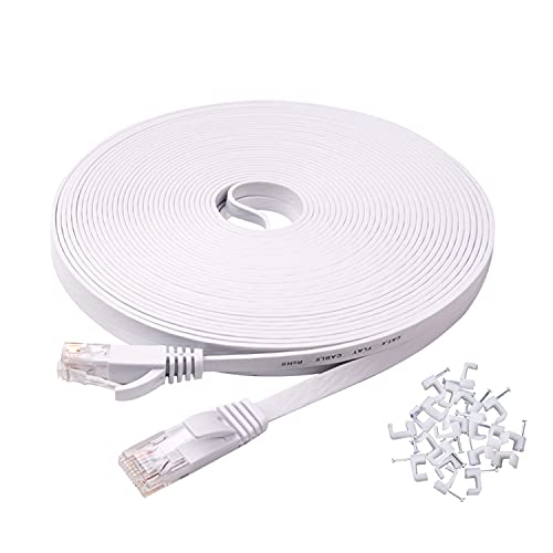Ethernet Cable 100 ft High Speed, Cat 6 Flat Network Cable with Rj45 Connectors, Long LAN Cable with Clips - White 30 M