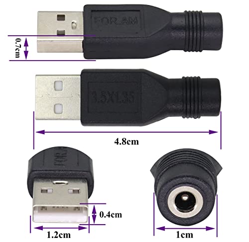 (2 Pack) USB to DC 3.51.35mm Power Adapter 5 Volt USB 2.0 A Male to DC 3.51.35 mm Female Jack DC 5V Barrel Power Plug Charger Cord Connector for 5 V DC or USB Charging Device(M/F3.51.35)