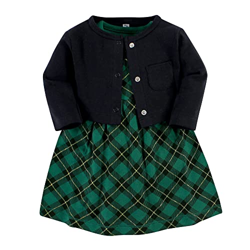 Girls Cotton Dress and Cardigan Set, Forest Green Plaid, 3-6 Months