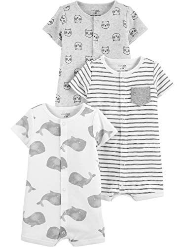 Uni  Babies' Snap-Up Rompers, Pack of 3, Whales/Stripe/Panda, 3-6 Months