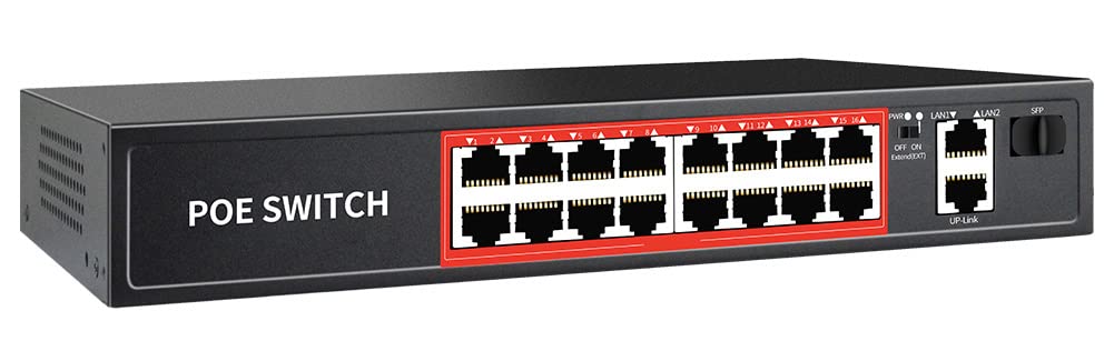 PoE Switch with 16 POE Ports +2 Gigabit Uplink,1 x 1G SFP,802.3af/at PoE+ 100Mbps, 200W Built-in Power, Extend to 250Meter,Unmanaged Metal Plug and Play