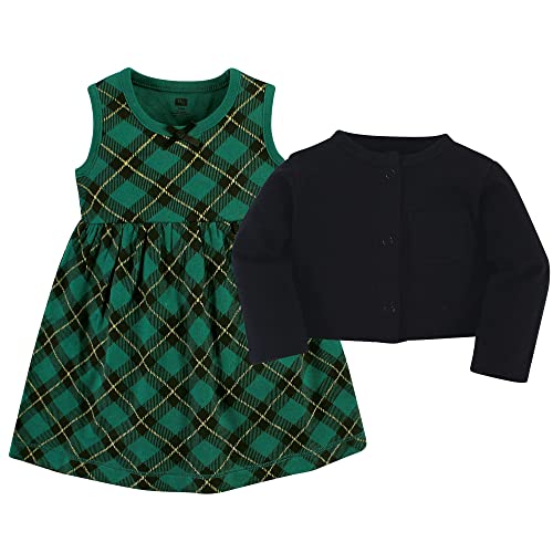 Girls Cotton Dress and Cardigan Set, Forest Green Plaid, 3-6 Months