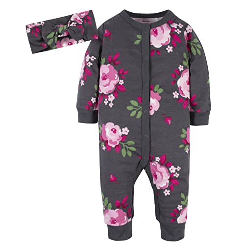 Baby Girls 2-Piece Boutique Coverall & Headband Set, Gray Rose, 18 Months