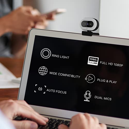 1080p HD Webcam with Ring Light, Auto Focus and Directional Noise Cancelling Mic.