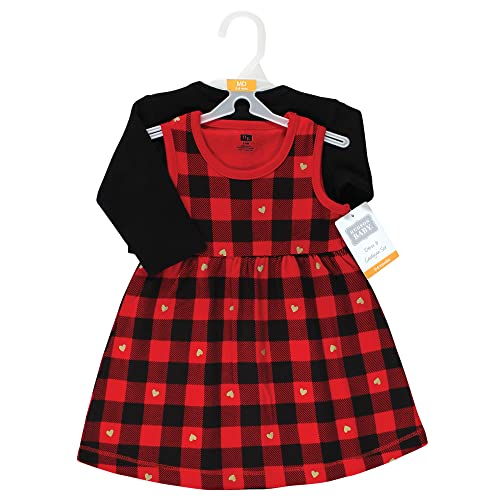 Girls Cotton Dress and Cardigan Set, Gold Heart Buffalo Plaid, 3-6 Months
