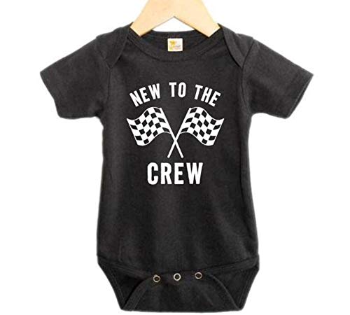 New to The Crew, Baby Announcement Onesie, Uni  Racing Bodysuit (0-3M, Black SS(White Text))