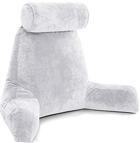 XXL Light Grey Backrest with Arms  Adult Reading Shredded Memory Foam, Ultra-Comfy Removable Microplush Cover  Detachable Neck Roll, Unmatched Support Sit Up Bed Rest Chair