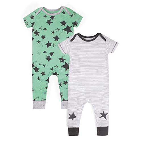 Baby Boys  Super Combed Natural Romper, 1 Piece Coverall, Short Sleeve Jumpsuit with Long Pants, 2 Pack, Green and Grey Stars,