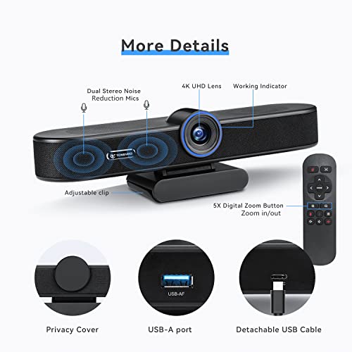 4K Webcam with Microphone and Speaker, 5X Digital Zoom ePTZ Video Conference Web Camera for Desktop with Privacy Cover 120 Wide View AI Auto Framing Streaming Webcam for Zoom,Skype