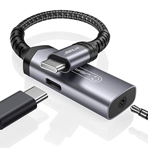 USB C to 3.5mm headphone and charger adapter, 2-in-1, grey