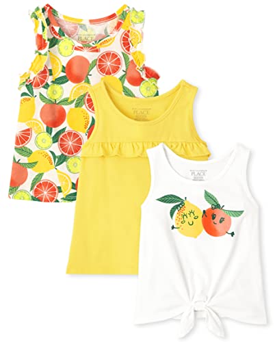 baby girls  and Toddler Sleeveless Fashion Tank Top Shirt, Tropical Fruit/ Fruit Pals/ Aspen Gold- 3 Pack, 5T US