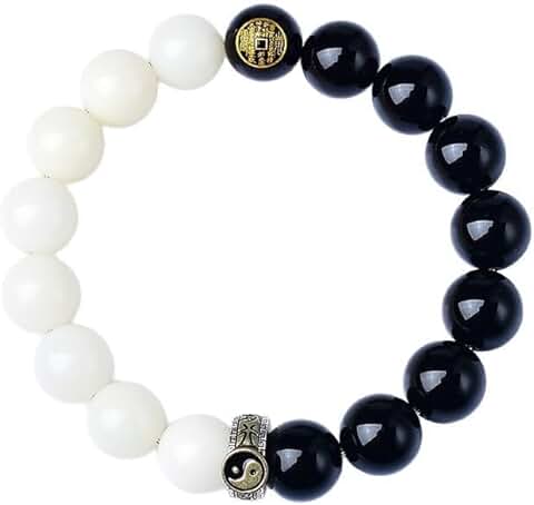 Black and white beaded meditation bracelet with natural stones