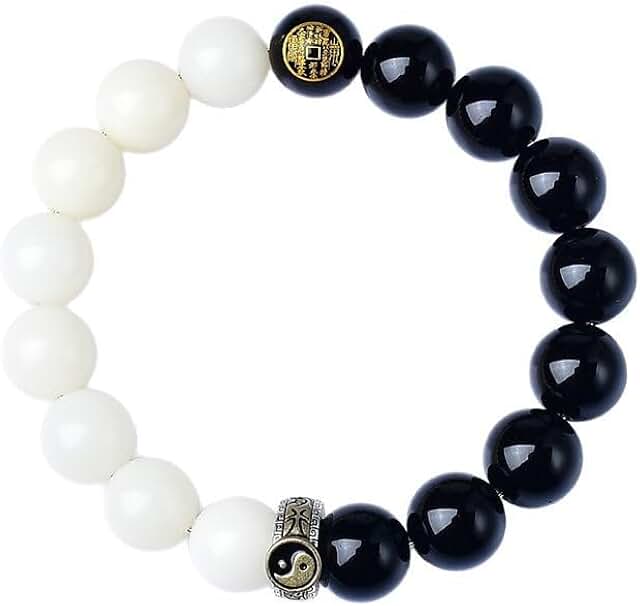 Black and white beaded meditation bracelet with natural stones