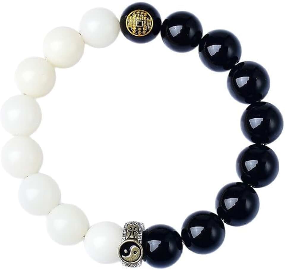 Black and white beaded meditation bracelet with natural stones