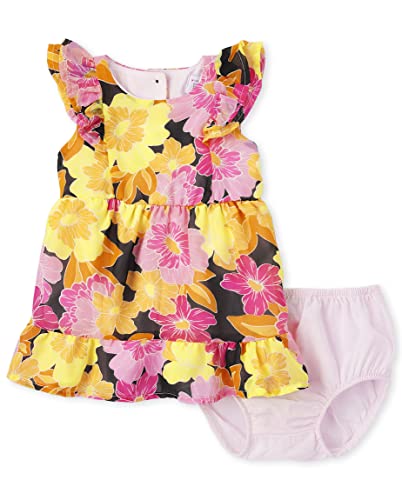 Baby Girls Short Sleeve Ruffle Dress, Pink Yellow Floral, 0-3 Months