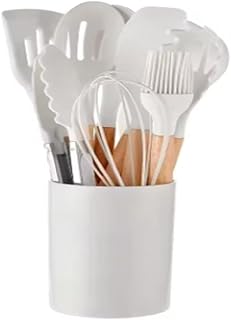 12-Piece White Silicone Cooking Utensil Set with Wooden Handles