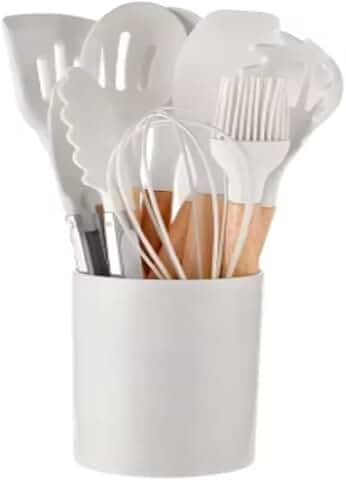 12-Piece White Silicone Cooking Utensil Set with Wooden Handles