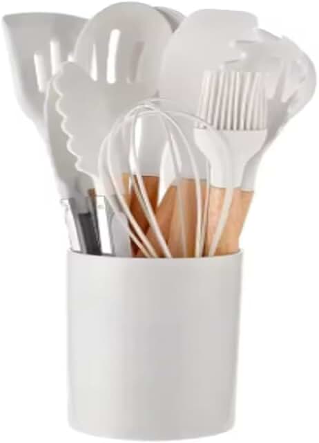 12-Piece White Silicone Cooking Utensil Set with Wooden Handles