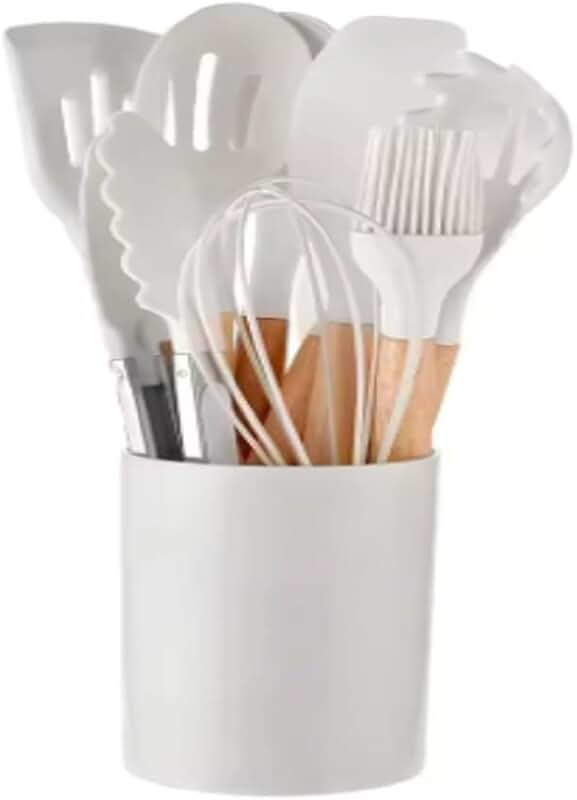12-Piece White Silicone Cooking Utensil Set with Wooden Handles