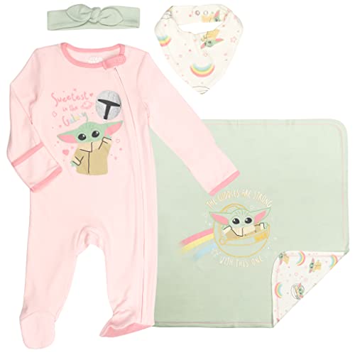 The Mandalorian Baby Yoda Baby Girls 4 Piece Layette Set: Coverall Burp Cloth Blanket 0-6 Months