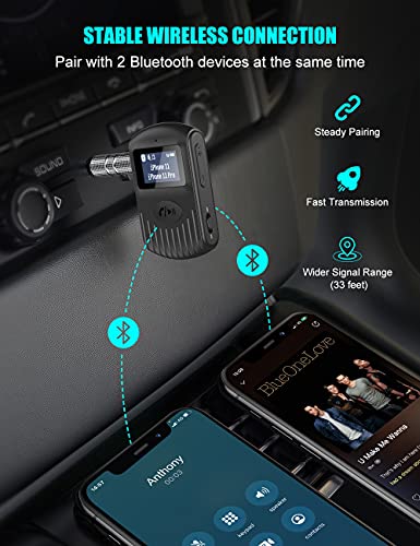 Bluetooth Receiver with LCD Screen, Portable AUX Bluetooth 5.0 Adapter for Car/Home Stereo/Speaker/Wired Headphones, Dual Connection/Noise Cancelling/Hands-Free Calling/Music Streaming-Black