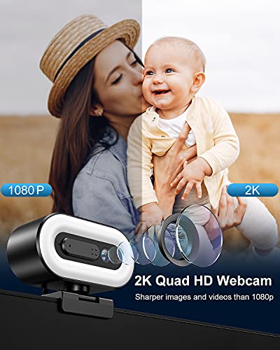 2K 1080p Webcam with Microphone and Speakers, Webcam Cover, Streaming Webcam with Ring Light, 2 Colors and 3-Level Brightness, Plug and Play Computer Camera, Web Camera for Zoom, Skype
