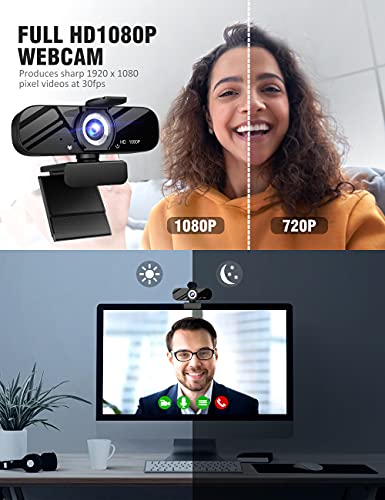 Full HD Webcam with Built-in Microphone and Rotatable Tripod, 1080P Video and Wide Angle Camera, Privacy Cover, for Desktop PC or Laptop Computer, Great for Calls, Video Conferencing, Live Streaming