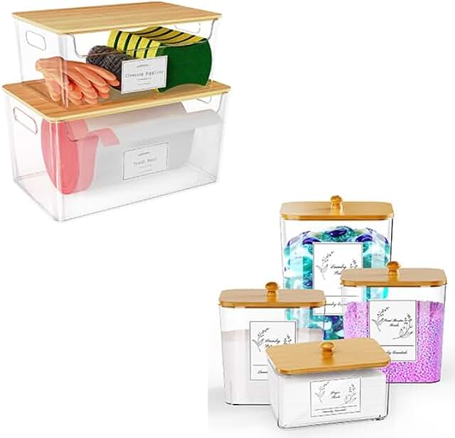 Set of four clear laundry and trash bag storage containers