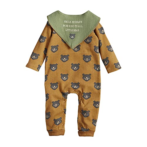 Baby Boys  Waffle Bear One Piece and Bib Set, Brown, 0-3 Months