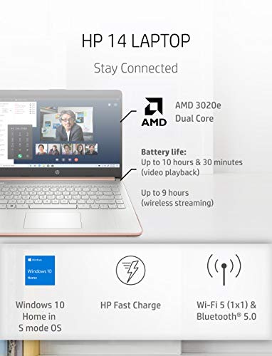 '- 14-fq0030nr 14 Laptop, AMD 3020e, 4 GB RAM, 64 GB eMMC Storage, 14-inch HD Display, Windows 10 Home in S Mode, Long Battery Life, Microsoft 365, (14-fq0030nr, 2020) Pale Rose Gold