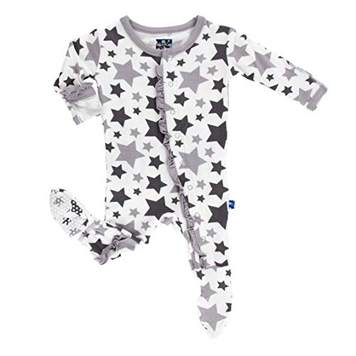 Essentials Print Classic Ruffle Footie with Snaps, Soft Bamboo Viscose Sleepwear, One-Piece Baby Clothes ( /Rain Stars - 0-3 Months)