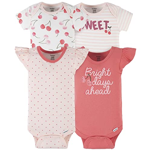 Baby Girls' 4-Pack Short Sleeve Onesies Bodysuits, Pink Cherries,