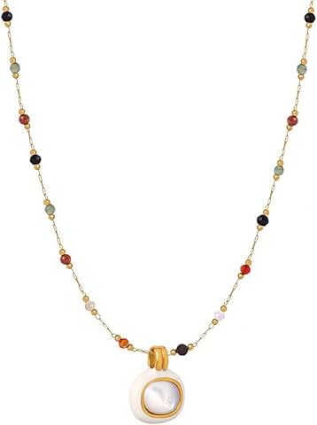 Women's Beaded Pendant Necklace with Natural Stones, 18" + 2" Extension
