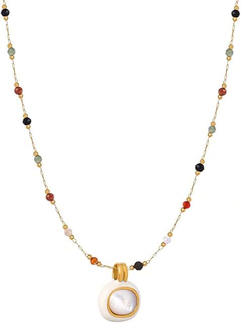 Women's Beaded Pendant Necklace with Natural Stones, 18" + 2" Extension