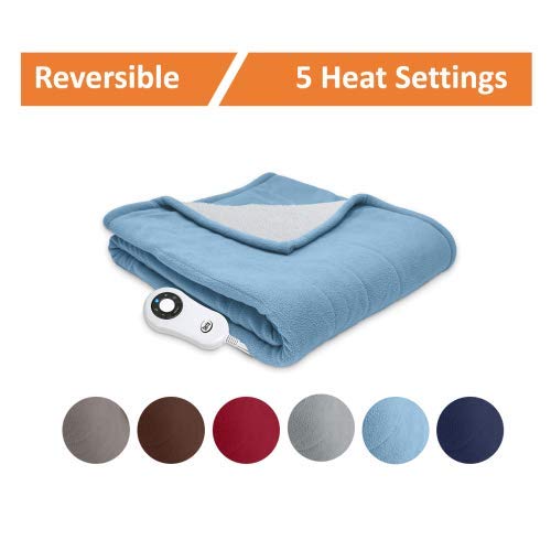 Reversible Sherpa/Fleece Heated Electric Throw Blanket, 50"x60" With 5 Setting Controller, Slate Blue