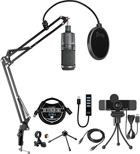 AT2020USB+ Cardioid Condenser USB Microphone with Built-In Headphone Jack Bundle with Boom Arm Plus Pop Filter, Blucoil 1080p USB Webcam, USB-A Mini Hub, and 3' USB Extension Cable