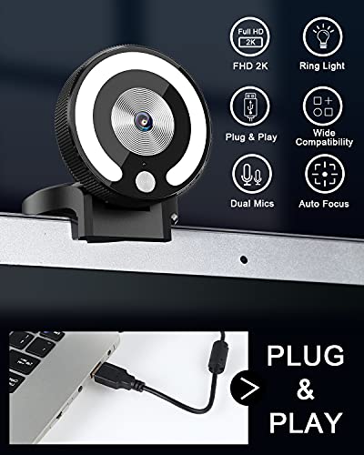 2K Webcam with Ring Light, Ultra HD Streaming Web Cam with Microphone, 3 Colors and 3-Level Brightness, Auto-Focus Plug and Play Computer Web Camera with Tripod for Live Streaming/YouTube/Skype/Zoom