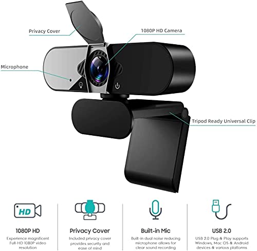 1080P Business Webcam with Dual Microphone & Privacy Cover, 2020 [Upgraded] USB FHD Web Computer Camera, Plug and Play, for Zoom/Skype/Teams Online Teaching, Laptop MAC PC Desktop