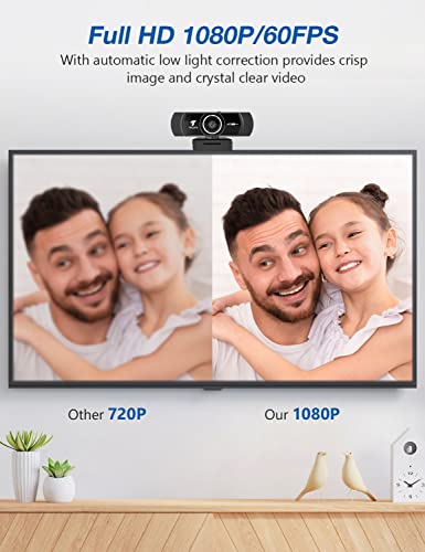 1080P 60FPS Web Camera, HD Webcam with Microphone, Streaming Webcam with Tripod and Privacy Cover, Plug&Play Computer Camera, USB Webcam for Calls/Conference, Zoom/Skype/YouTube, Laptop/Desktop