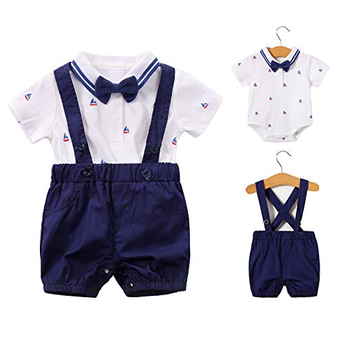 Baby Boys Gentleman Outfits Suits Infant Short Sleeve Shirt Bib Pants Bow Tie Overalls Clothes Set Blue, 59 0-3Months
