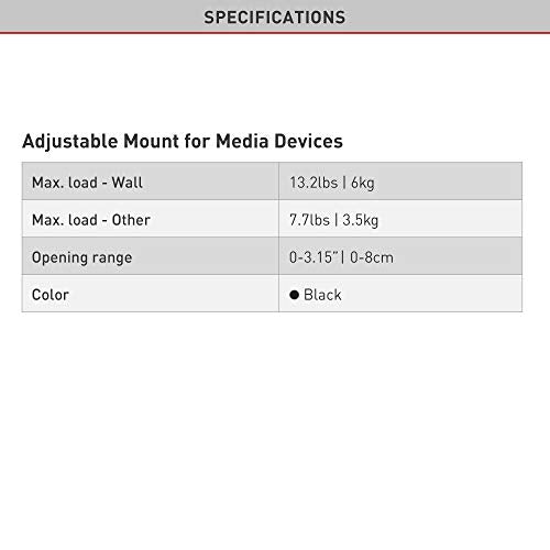 Universal and Adjustable Streaming Device Mount, Wall or TV Connection, Safety Strap Included, Very Easy Assembly, 5 Year Warranty, Compatible - Apple TV, Roku, TV, Cable Box, black