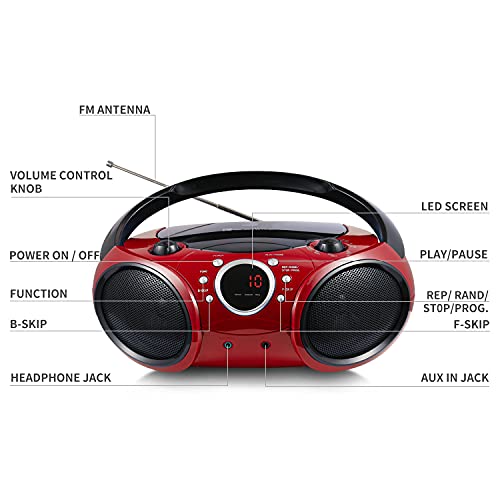 030B Portable CD Player Boombox with Bluetooth for Home AM FM Stereo Radio, Aux Line in, Headphone Jack, Supported AC or Battery Powered (Firemist Red)