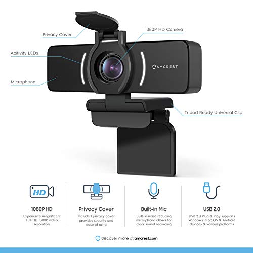 1080P Webcam with Microphone & Privacy Cover, Web Cam USB Camera, Computer HD Streaming Webcam for PC Desktop & Laptop w/Mic, Wide Angle Lens & Large Sensor for Superior Low Light (AWC205)