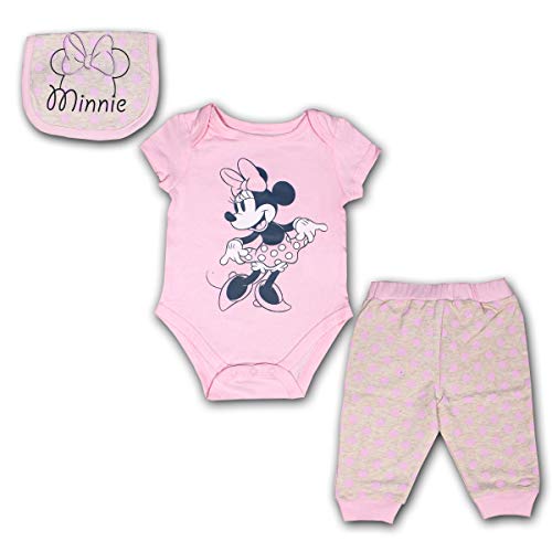 Minnie Mouse 3 Pack Jogger, Creeper and Bib Set for Girls, Bodysuit Bundle for Baby, Size 3M