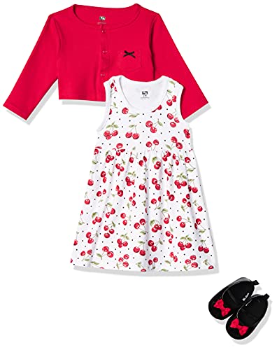 Girl Cotton Dress, Cardigan and Shoe Set, Cherries, 3-6 Months