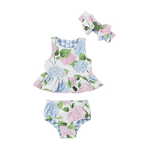 Girls Reversible Swimsuit & Headband Set, Hydrangea/Gingham, 3-6 Months